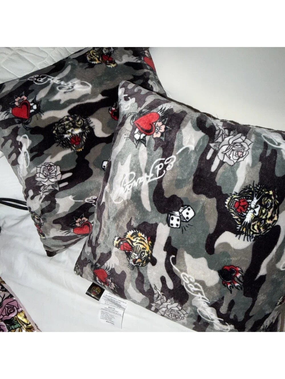 Ed Hardy Printed Camo Y2K Decorative Pillows Set of 2 20”x 20” NWT